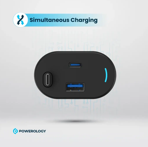 Powerology Dual Ports Car Charger 65W with Retractable Cable - Black