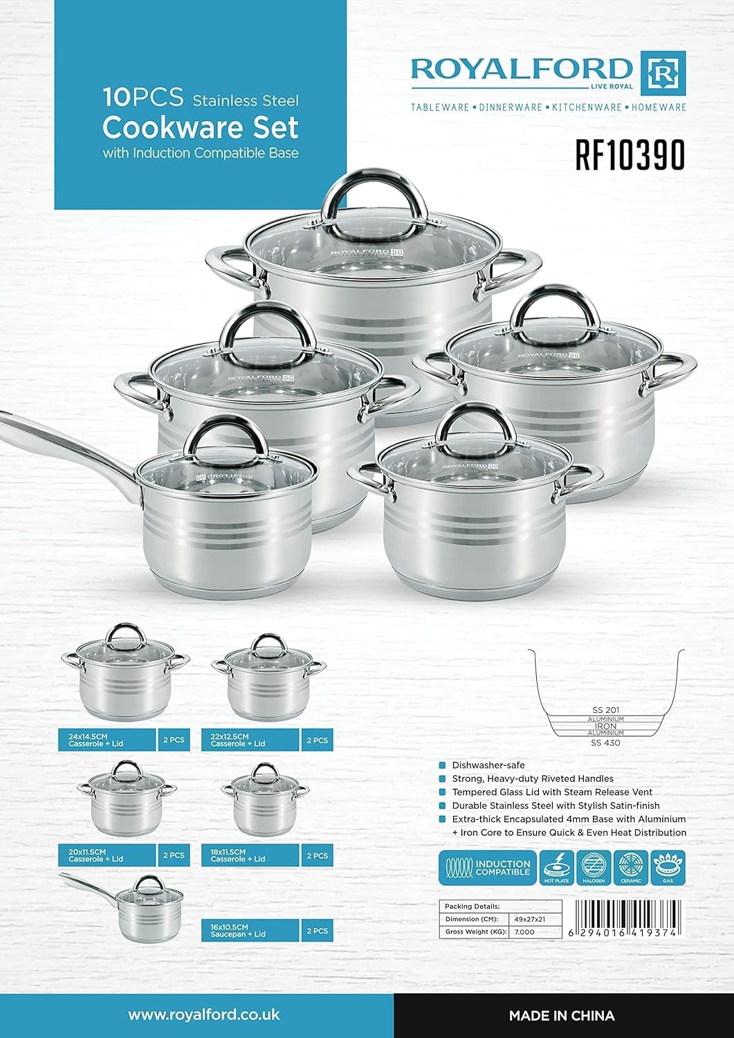 Royalford RF10390 10Pcs Stainless Steel Cookware Set