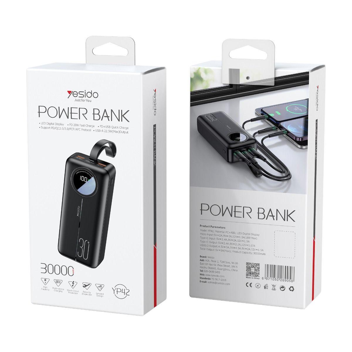 Yesido PD 30,000mAh Powerbank Fast & Secure Charging - Black