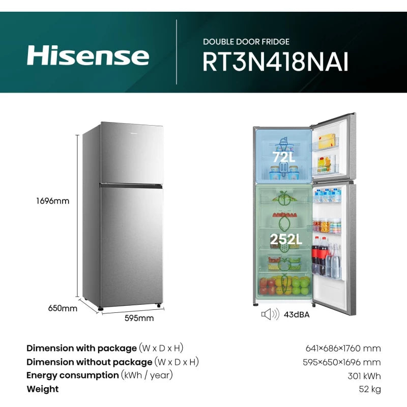 Hisense Top Mount Refrigerator 320L No Frost Silver