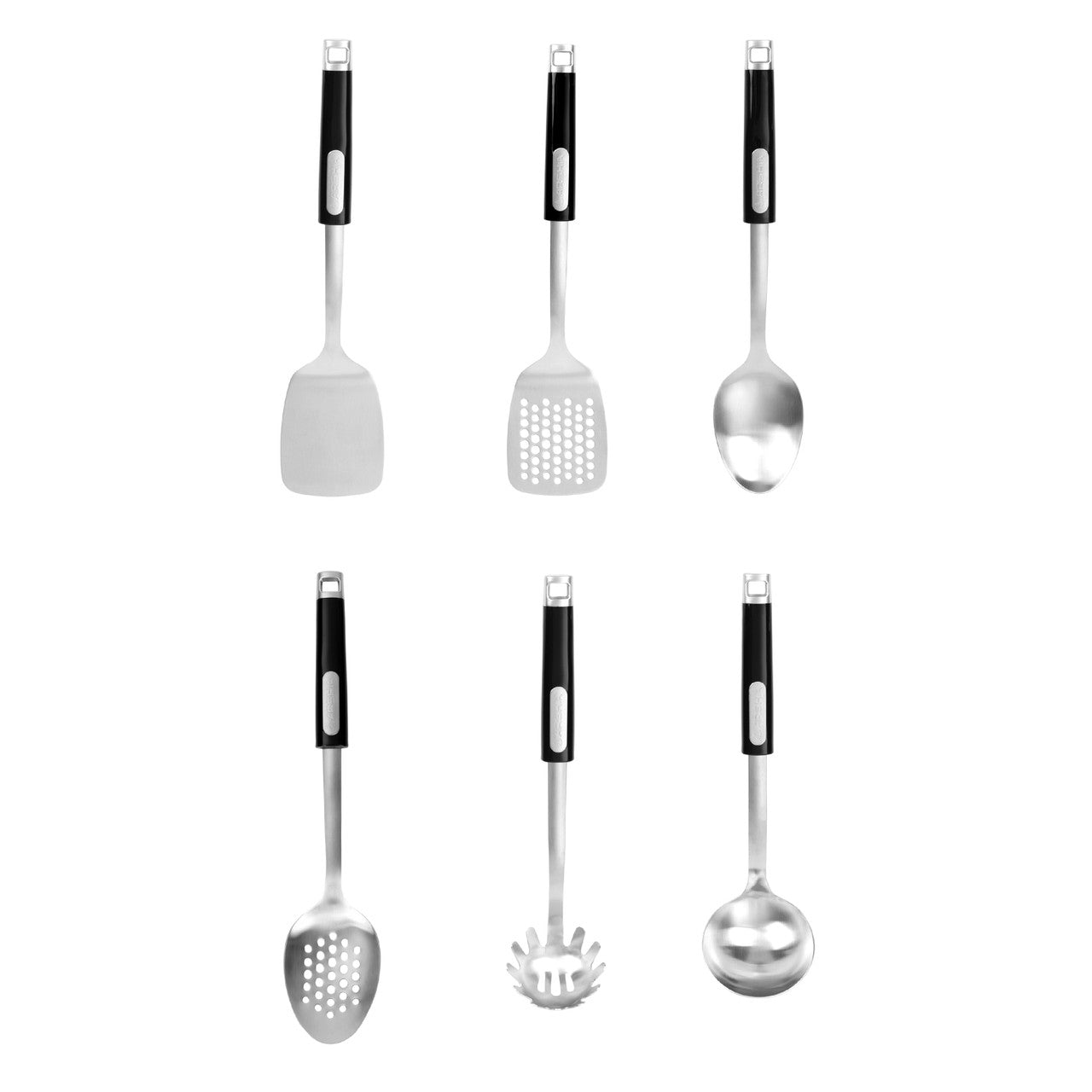Arshia 7-Piece Stainless Steel Kitchen Utensil Set – Chrome Finish, Non-Slip Handles & Elegant Holder