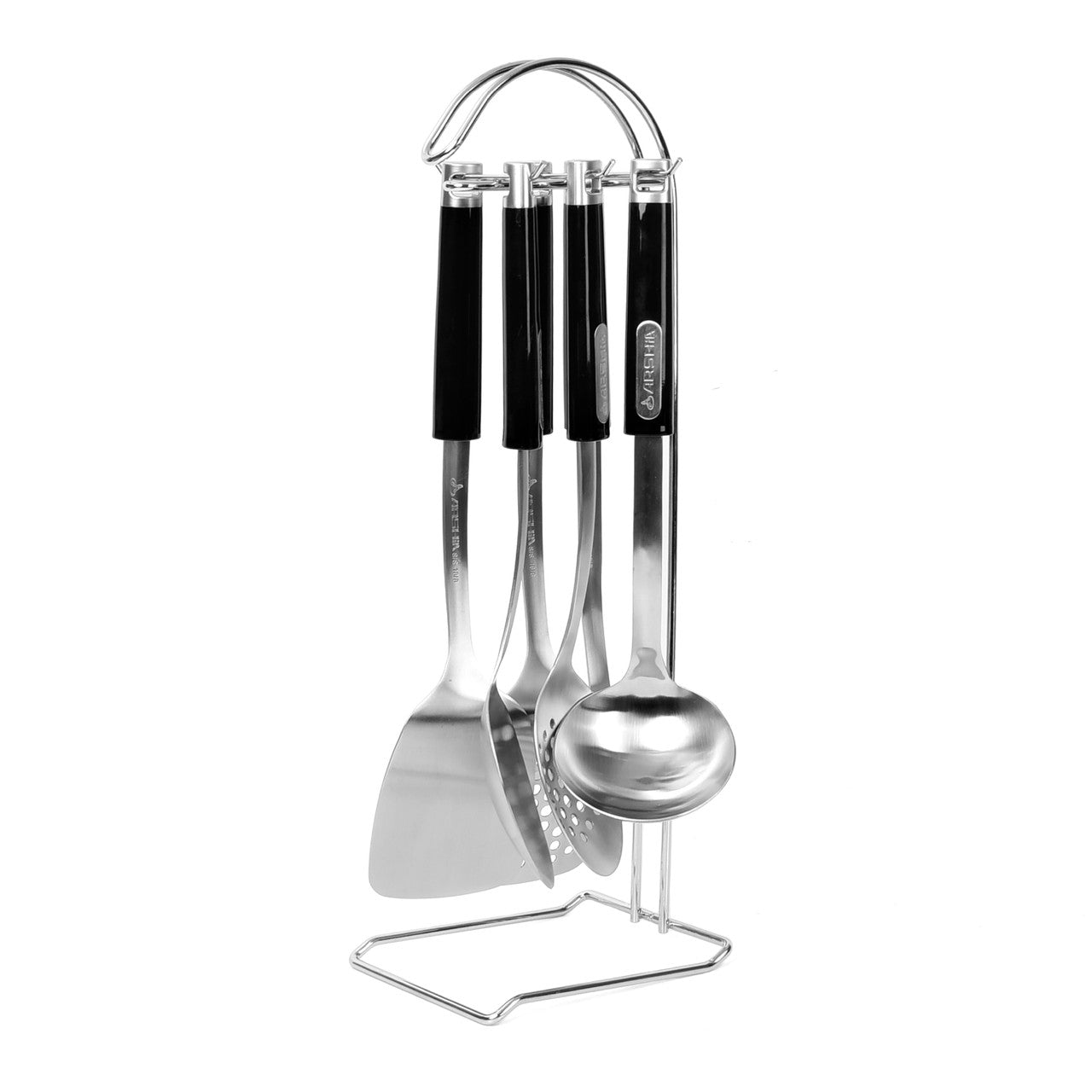 Arshia 7-Piece Stainless Steel Kitchen Utensil Set – Chrome Finish, Non-Slip Handles & Elegant Holder