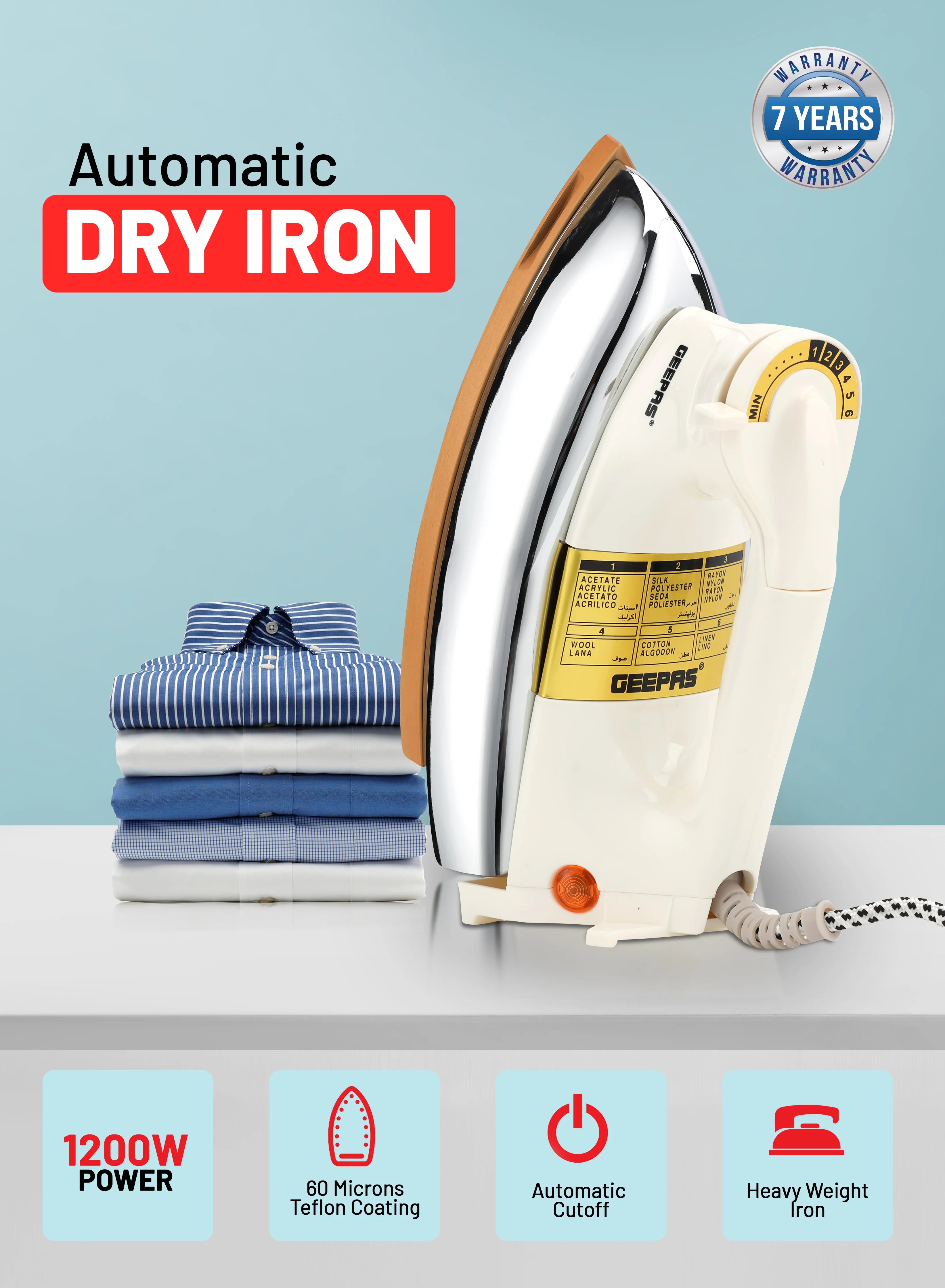 Geepas Heavyweight Dry Iron 1200W Teflon Non-Stick Soleplate