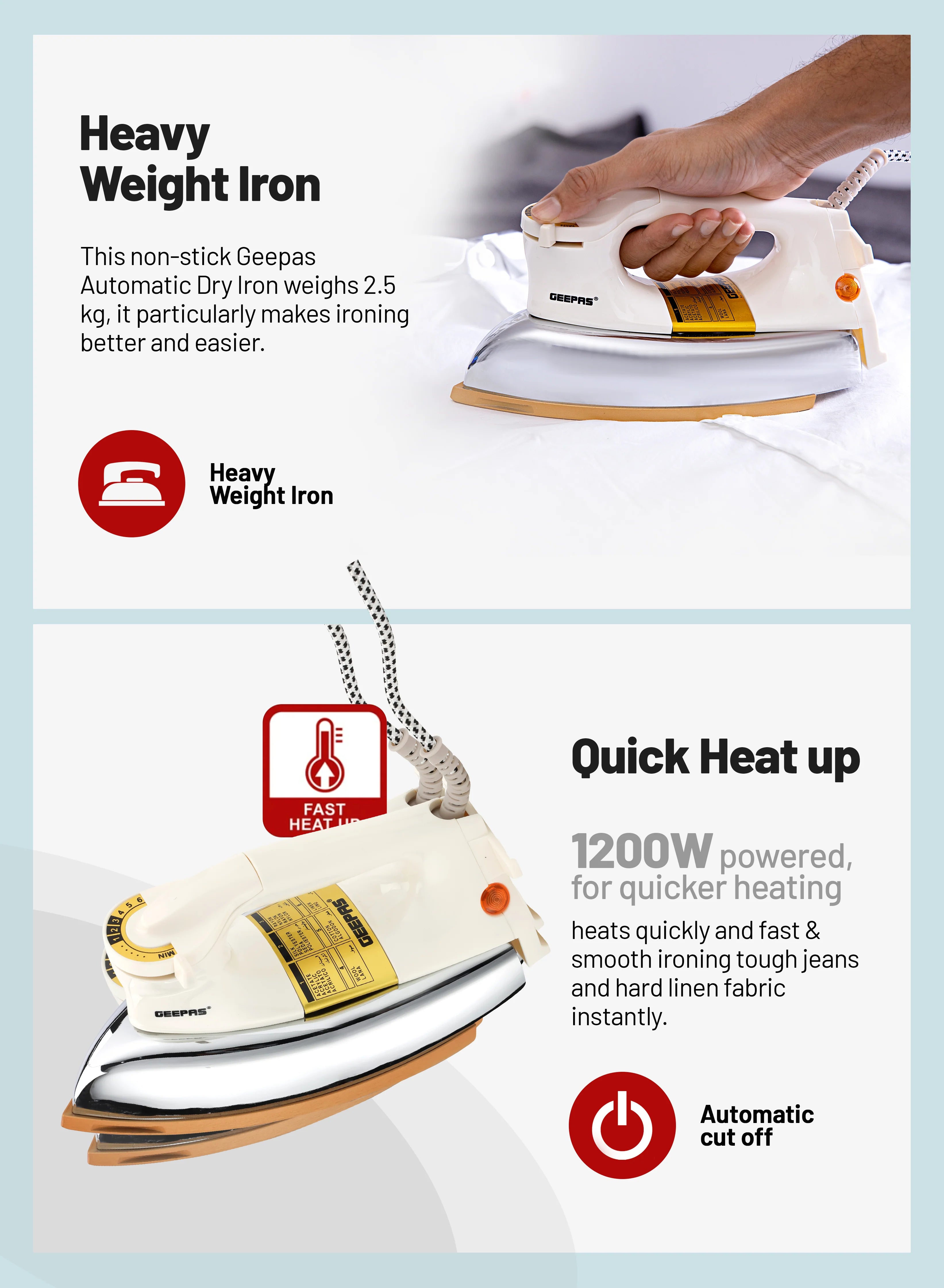 Geepas Heavyweight Dry Iron 1200W Teflon Non-Stick Soleplate