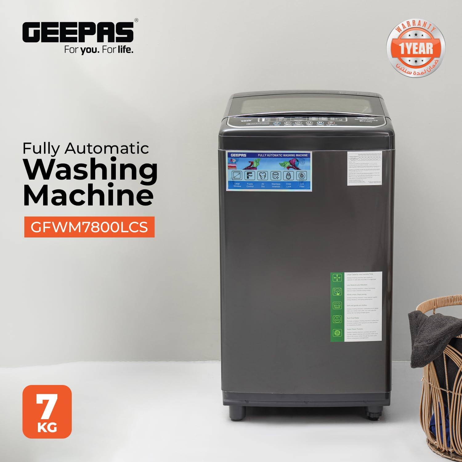 Geepas Fully Automatic Top Load Washing Machine 7KG | Stainless Steel Inner Basket | IMD Controls | Auto Off Memory Power | Auto Balancing | Silver | GFWM7800LCQ