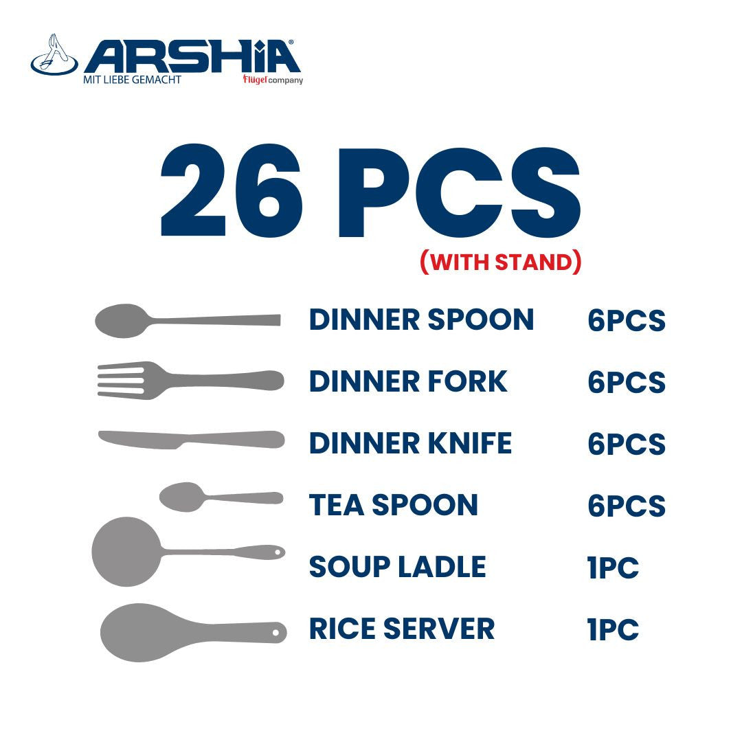 Arshia 26-Piece Mirror-Polish Stainless Steel Cutlery Set with Metal Stand