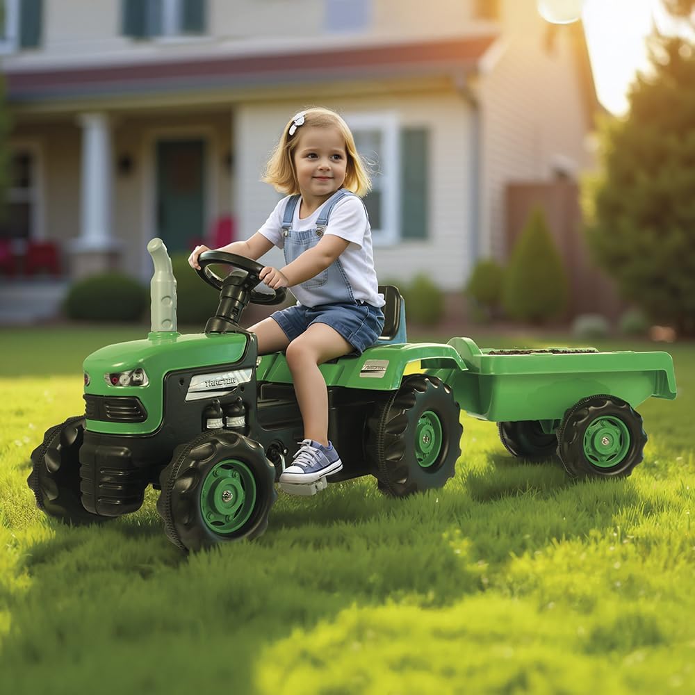 DOLU Pedal Operated Big Green Tractor with Trailer – Kids Ride-On Toy