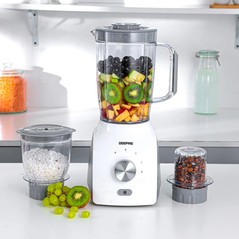 Geepas GSB44034N 3-in-1 Blender – 600W, 3 Speed & Pulse, Grinder & Chopper Attachments | White & Grey