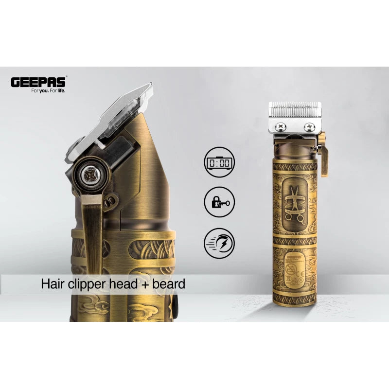 Geepas GTR56030 Professional Hair Clipper – Cordless & Corded, 200-Min Runtime, LED Display, 6 Combs | Golden