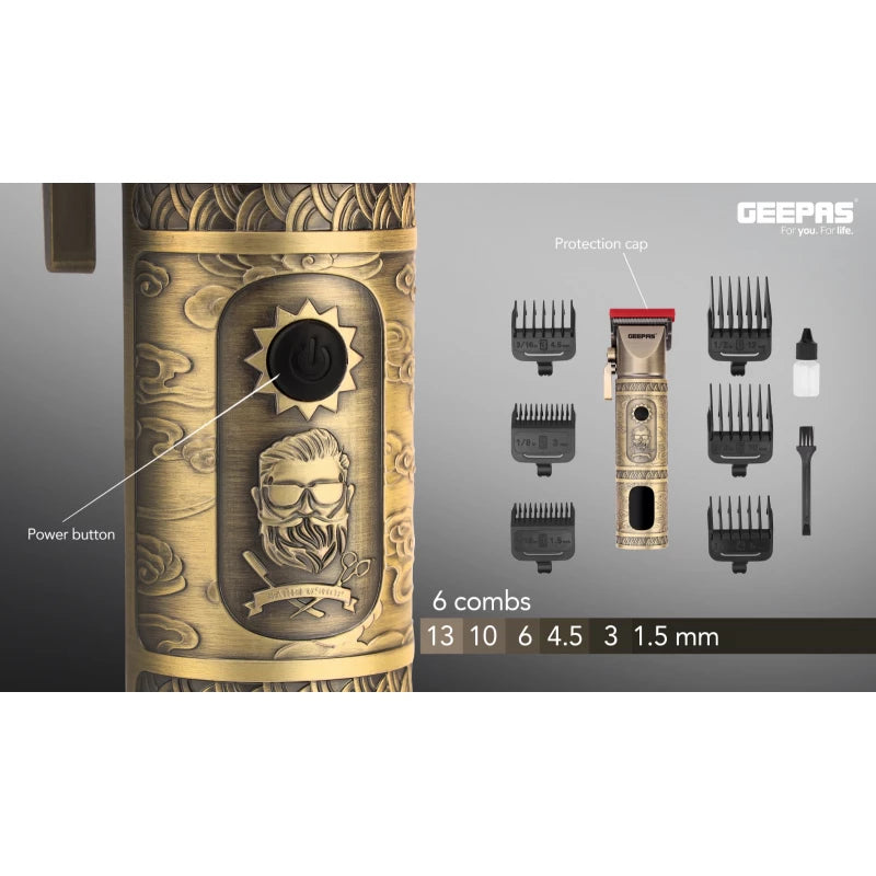 Geepas GTR56030 Professional Hair Clipper – Cordless & Corded, 200-Min Runtime, LED Display, 6 Combs | Golden