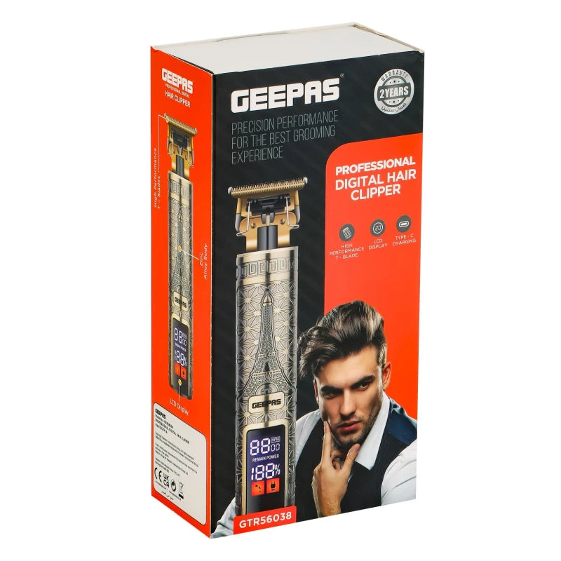 Geepas GTR56038 Professional Digital Hair Clipper – T-Blade, 180-Min Runtime, LCD Display, Type-C | Golden & Black