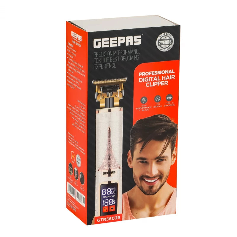 Geepas GTR56039 Professional Digital Hair Clipper – T-Blade R-Type, 180-Min Runtime, LCD Display, Type-C | Silver & Golden