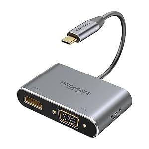 Promate MediaHub-C2 USB-C Display Adapter, Premium 2-In-1 USB-C to 1080 60Hz VGA and 4K 30Hz HDMI Adapter with Dual Screen Display Support
