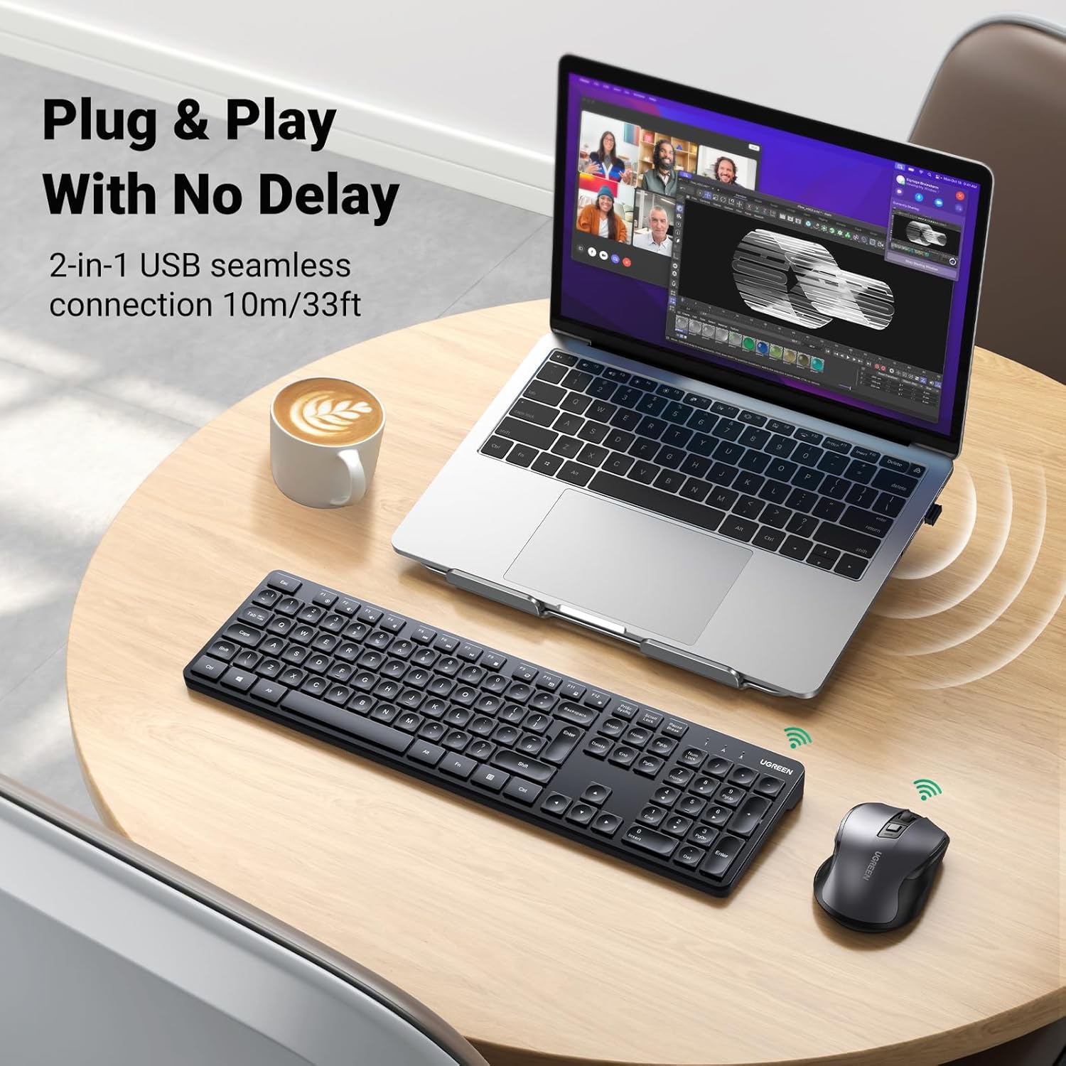 UGREEN MK006 Wireless Keyboard & Ergonomic Mouse Combo, Black