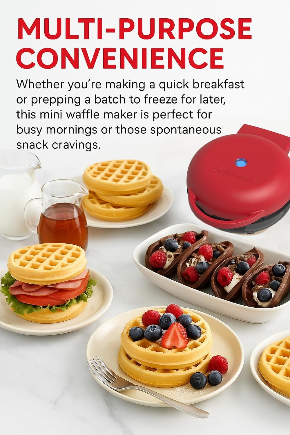 Nutricook NC-WM100R Mini Waffle Maker | 350-420W | Ceramic Coating | Fast Heating | Red