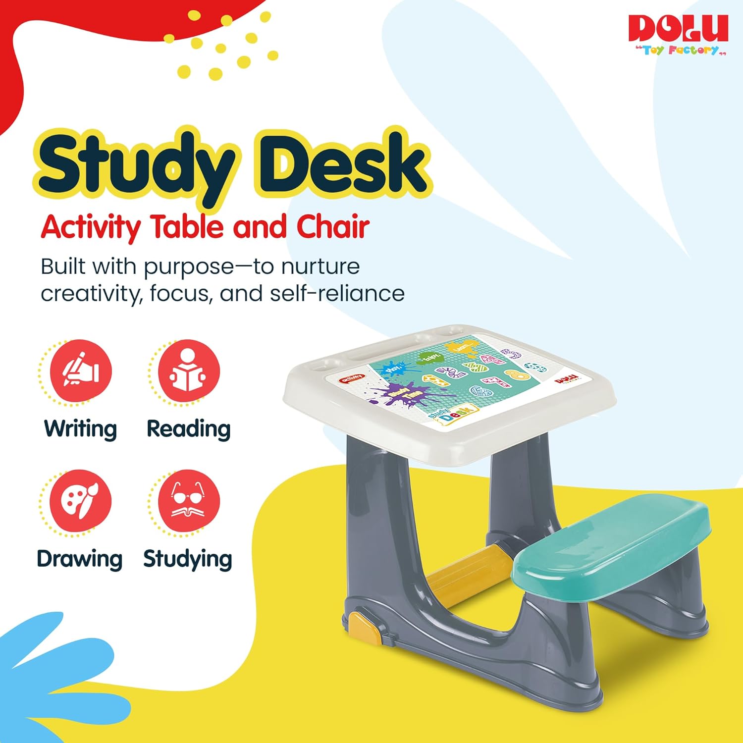 DOLU Kids Study Desk with Seat – Grey | Wooden Children's Learning Table | No Assembly Required