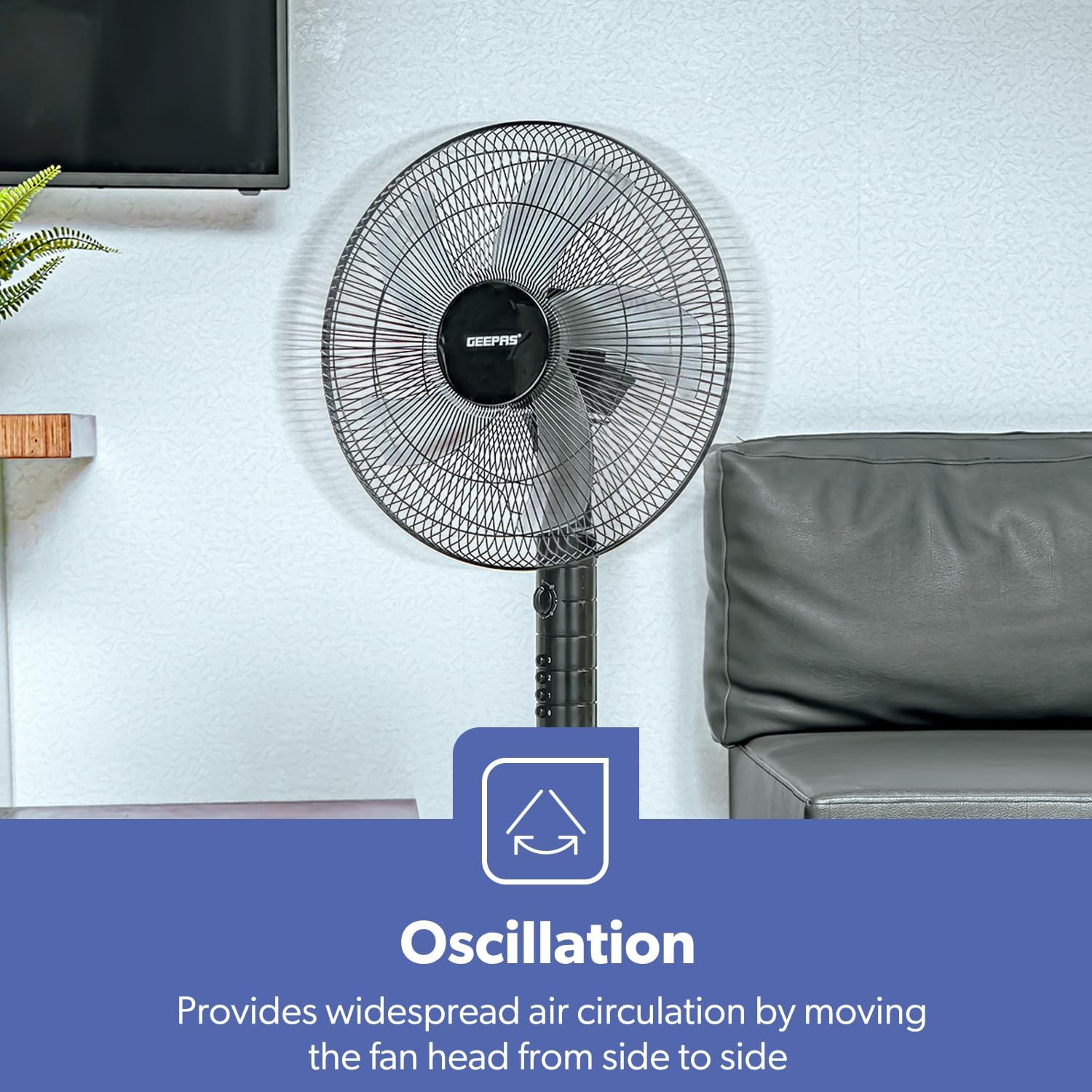 Geepas 16-Inch Stand Fan 3 Speeds Adjustable Height & Timer