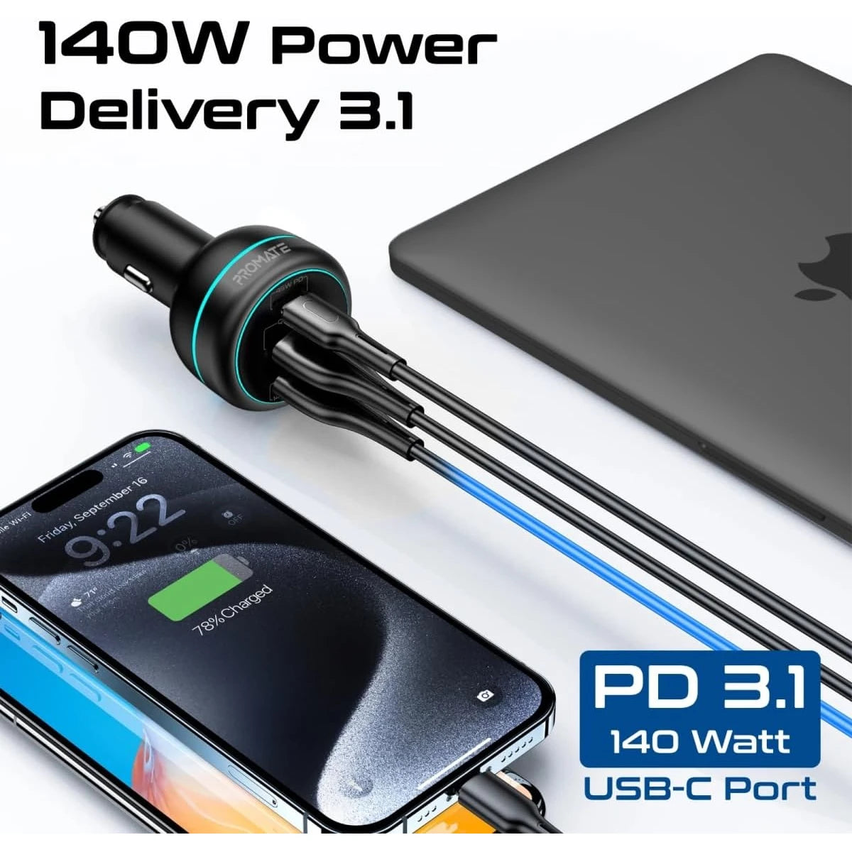 Promate POWERDRIVE-230 230W Rapid Charge Car Charger with Dual PD & QC Ports