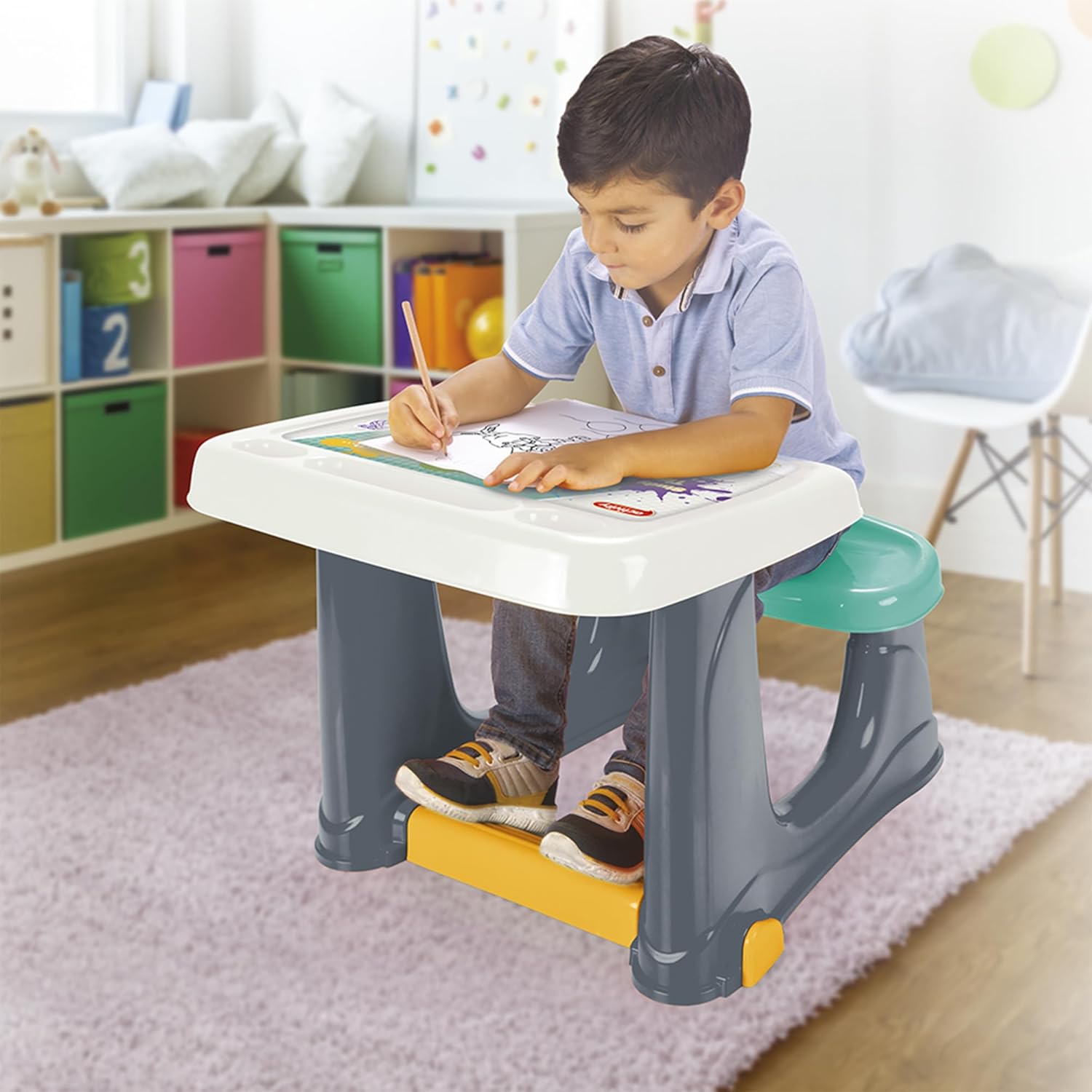 DOLU Kids Study Desk with Seat – Grey | Wooden Children's Learning Table | No Assembly Required