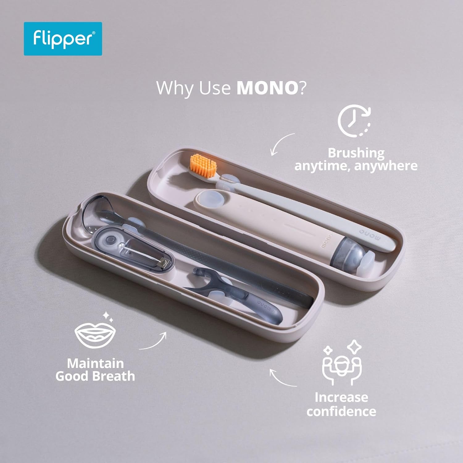 Flipper MONO Oral Care Kit with Portable Toothbrush Travel Case - 4-in-1 Dental Set