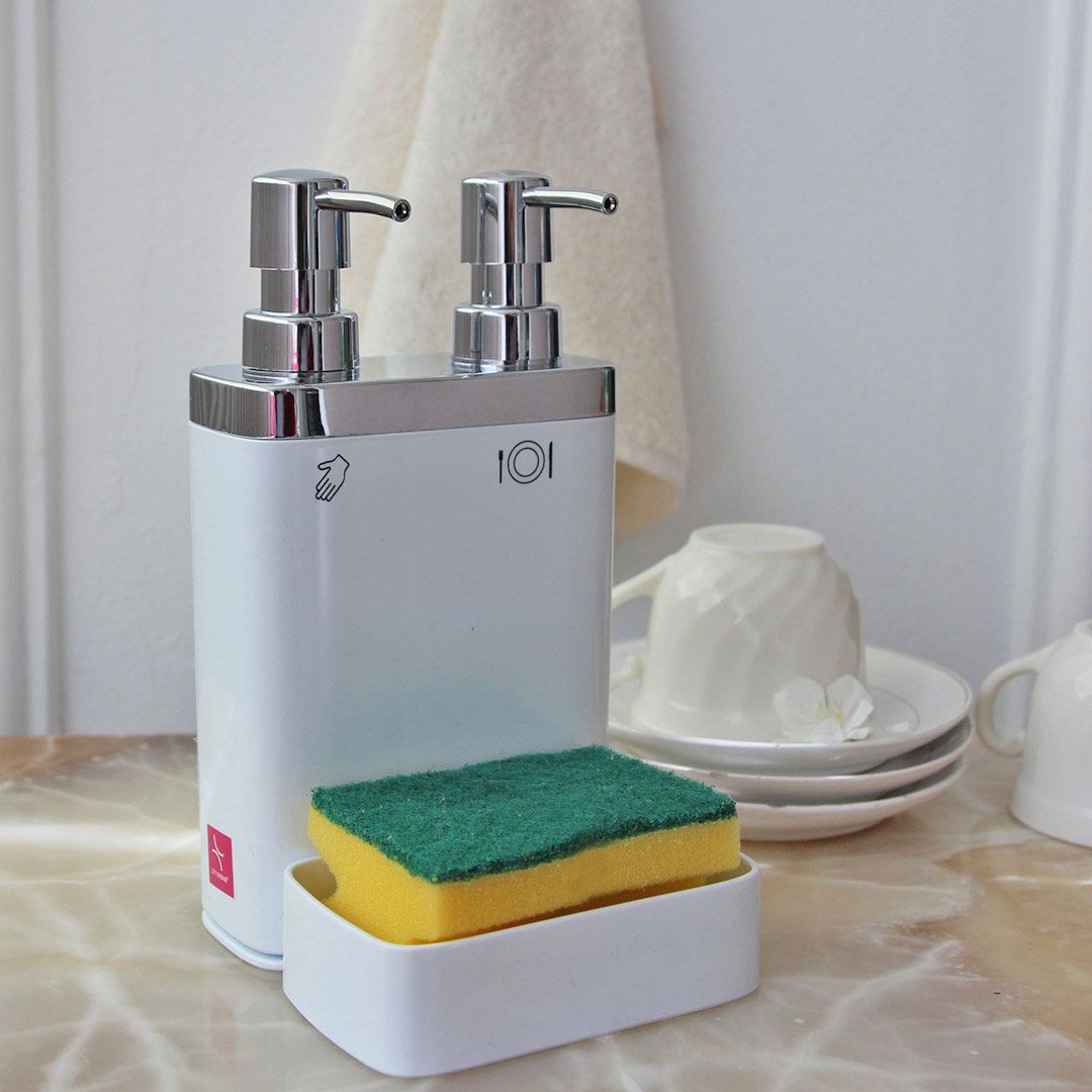 Primanova Double Soap Dispenser with Sponge Dish – White