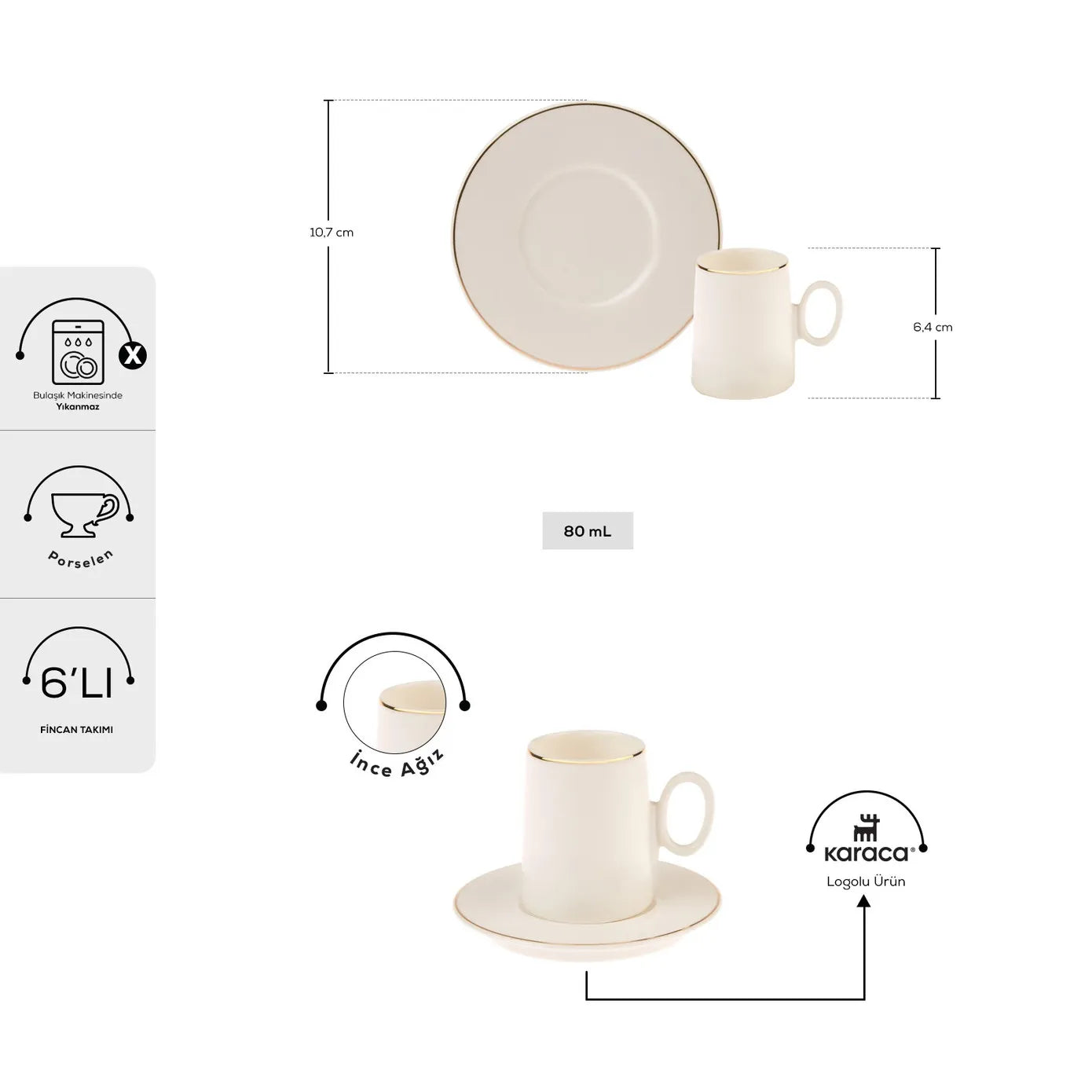 KARACA SNOW, White Coffee Cup Set for 6 – Elegant & Simple