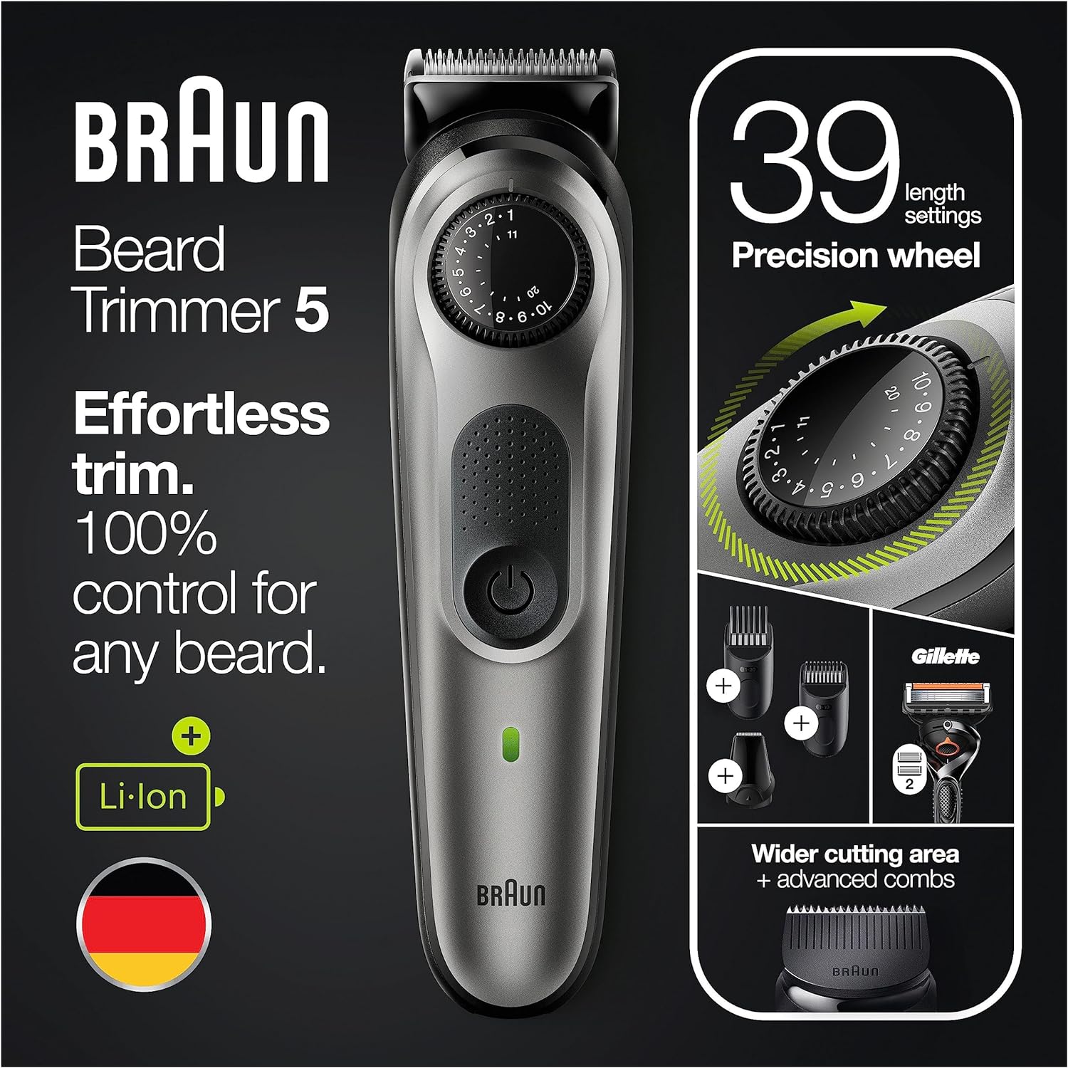 Braun Beard Trimmer: 39 Length Settings, Hair Clippers, Gillette Fusion5 - Silver