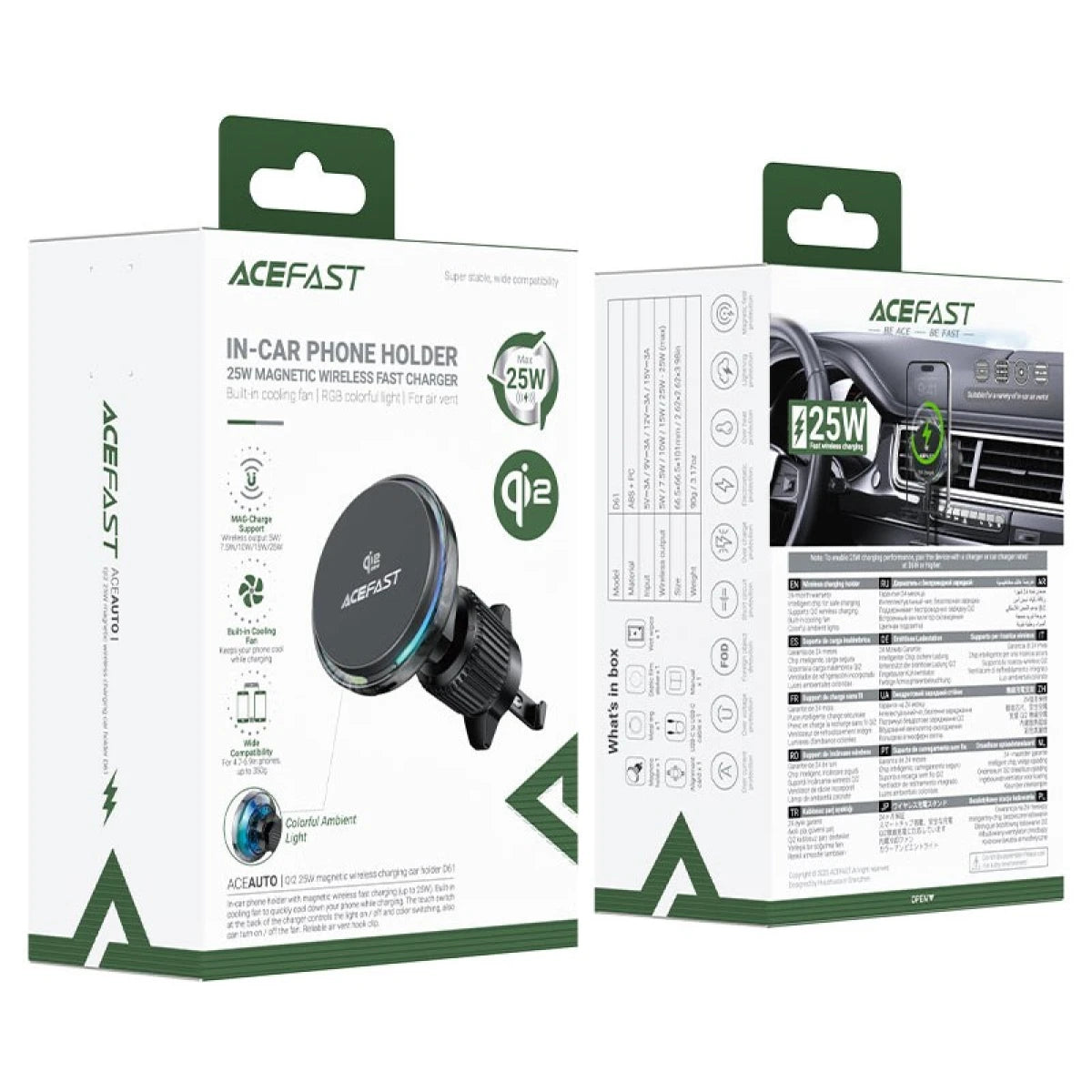 ACEFAST D61 Qi2 25W Magnetic Car Mount Wireless Charger with Cooling Fan & RGB Light