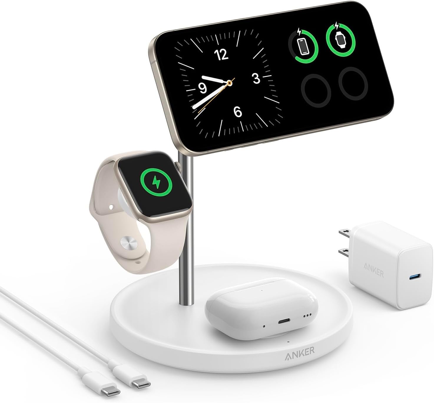 Anker MagGo 3 in 1 MagSafe Wireless Charging Station Qi2 15W - White