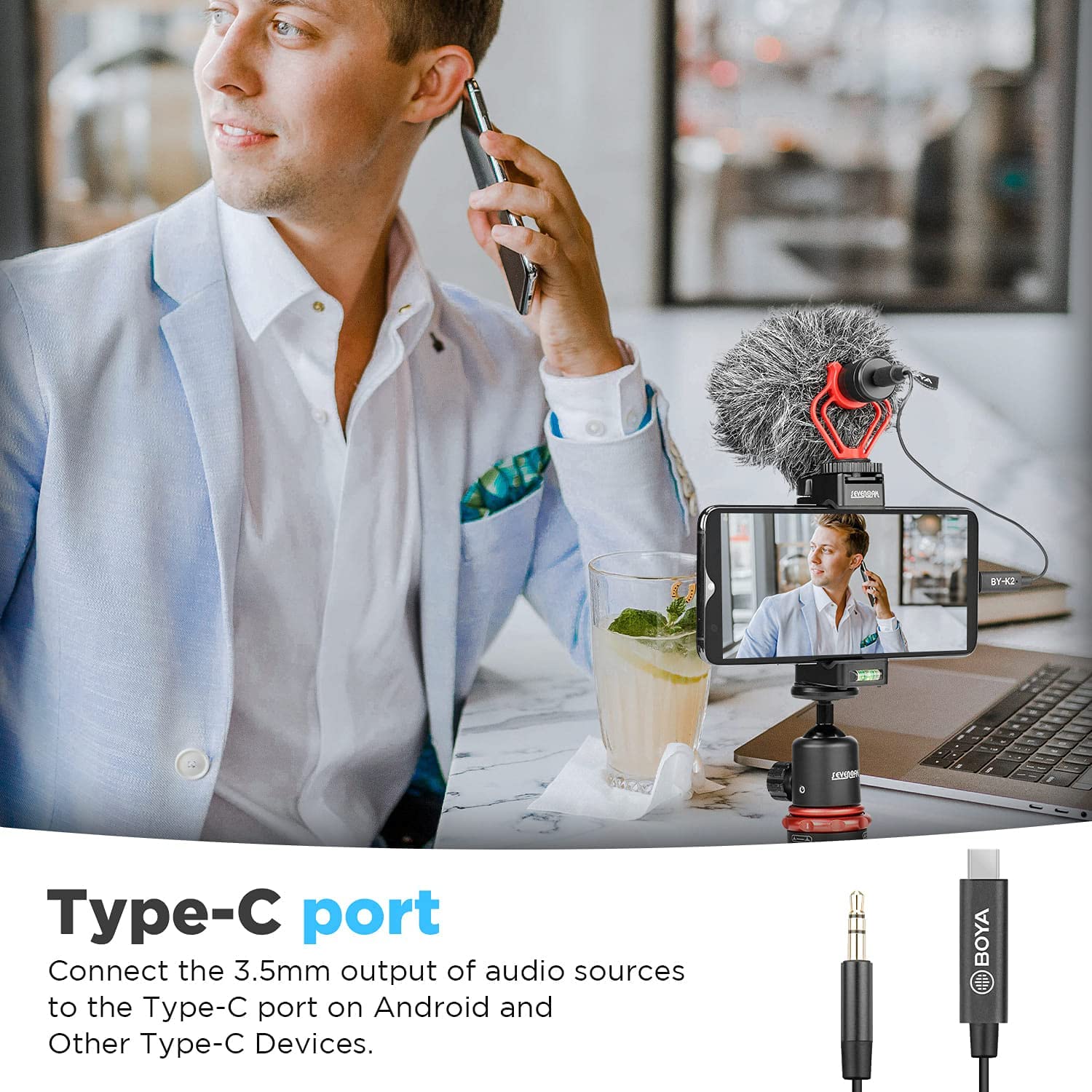 BOYA 3.5mm TRS Male to Type-C Male Audio Adapter Cable (7.8in) - Black