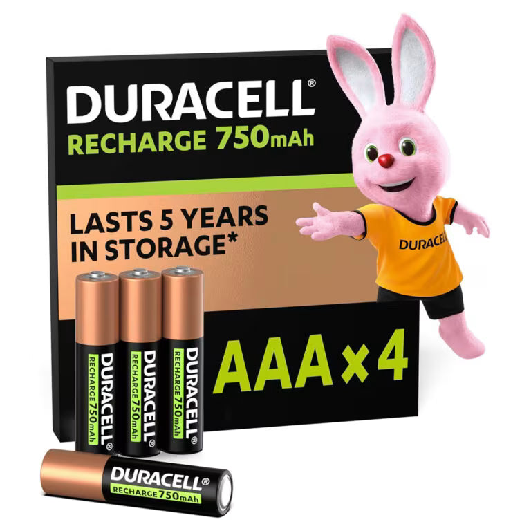 Duracell AAA Rechargeable Batteries 750mAh (4-Pack) – 1000 Cycles, Pre-Charged, 5-Year Guarantee