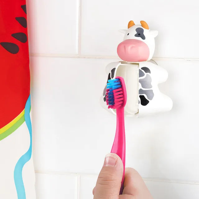Flipper - Fun Animal Toothbrush With Holder for Kids - Cow (Colour May Vary)
