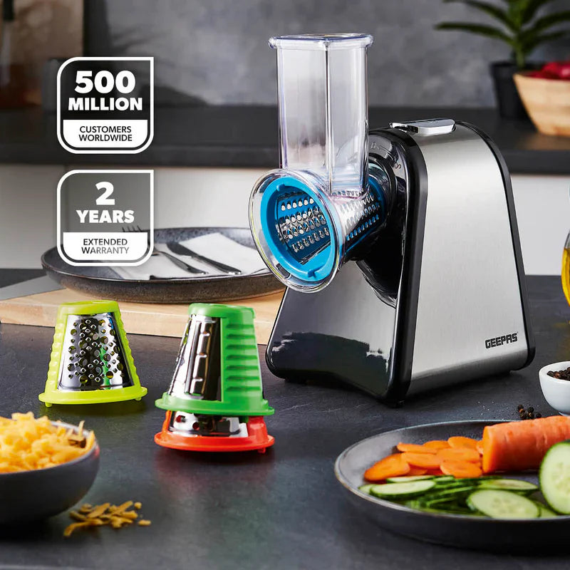Geepas GSM63022UK 4-in-1 Salad Maker – 200W, Stainless Steel, 4 Cones, Shred, Slice, Grind & Mash, 2-Year Warranty