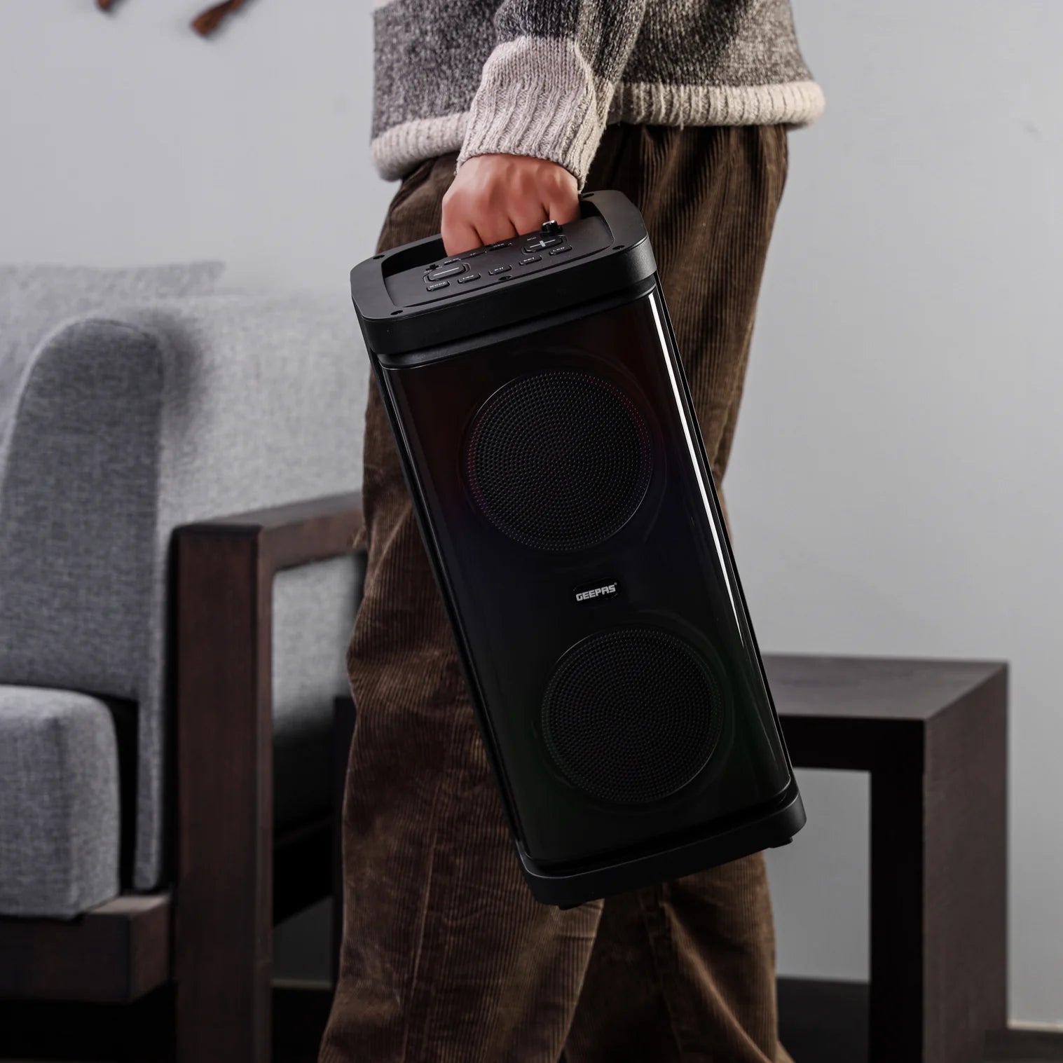 Geepas GMS11193 Rechargeable Portable Speaker – 20000W PMPO, RGB Light, Bluetooth, USB, TF, FM, TWS, VHF Mic, Remote, 2-Year Warranty