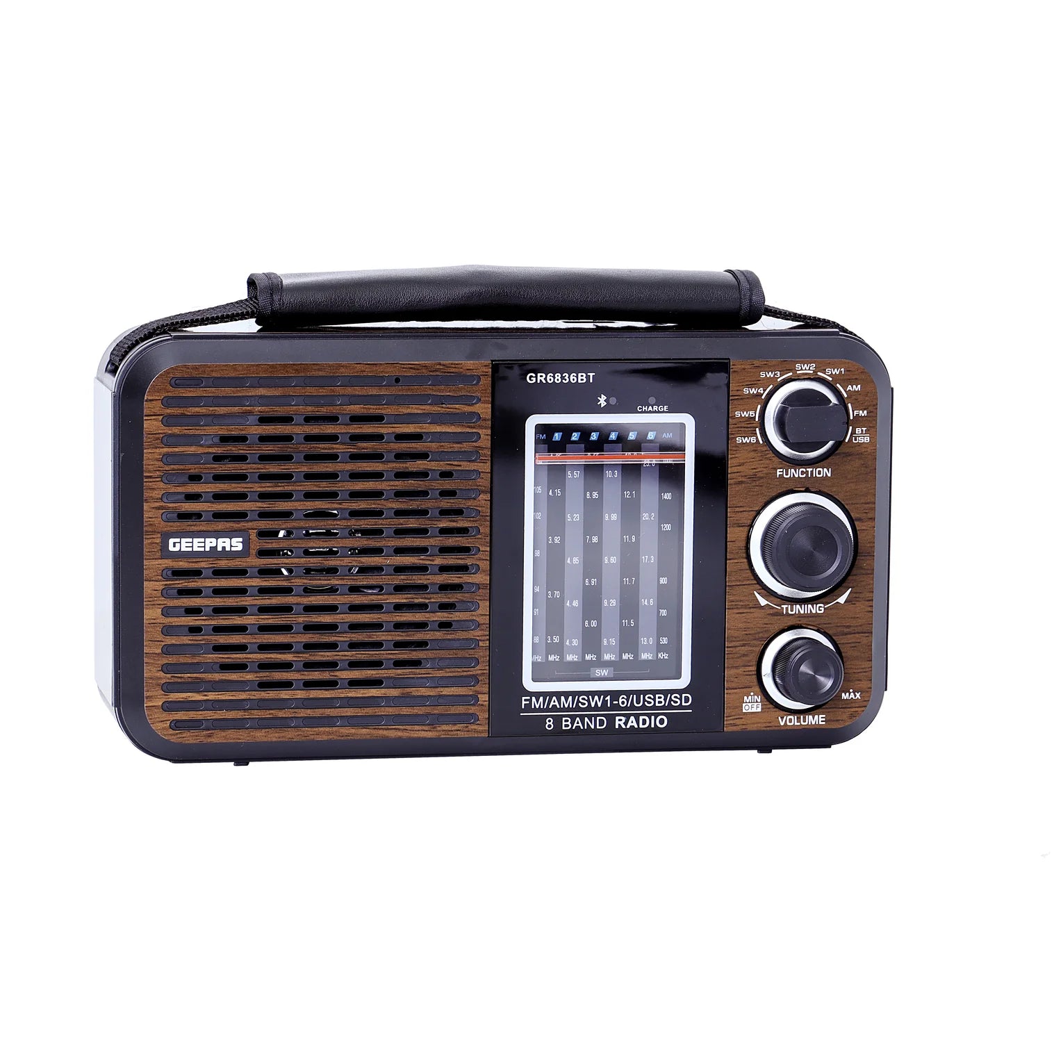 Geepas GR6836 Rechargeable 8-Band Radio with Bluetooth, USB & SD Card | FM/AM/SW | Portable Music Player