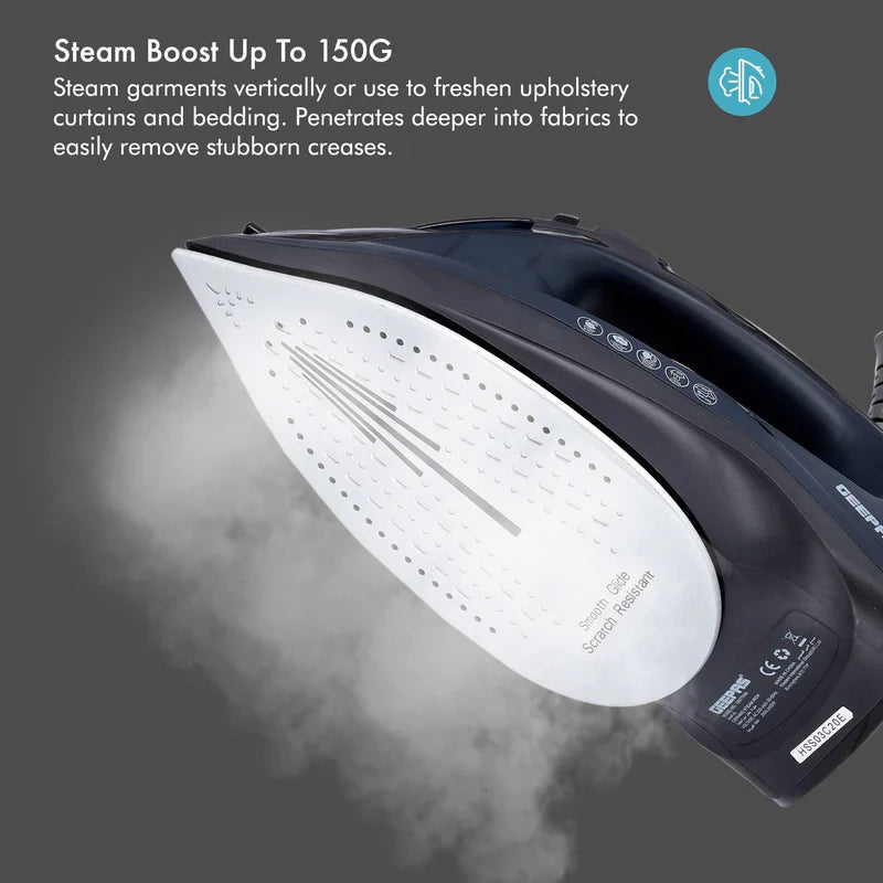 Geepas GSI7703 Ceramic Steam Iron – 2400W, 220ml Tank, 20g/min Steam, Self-Cleaning, 2-Year Warranty