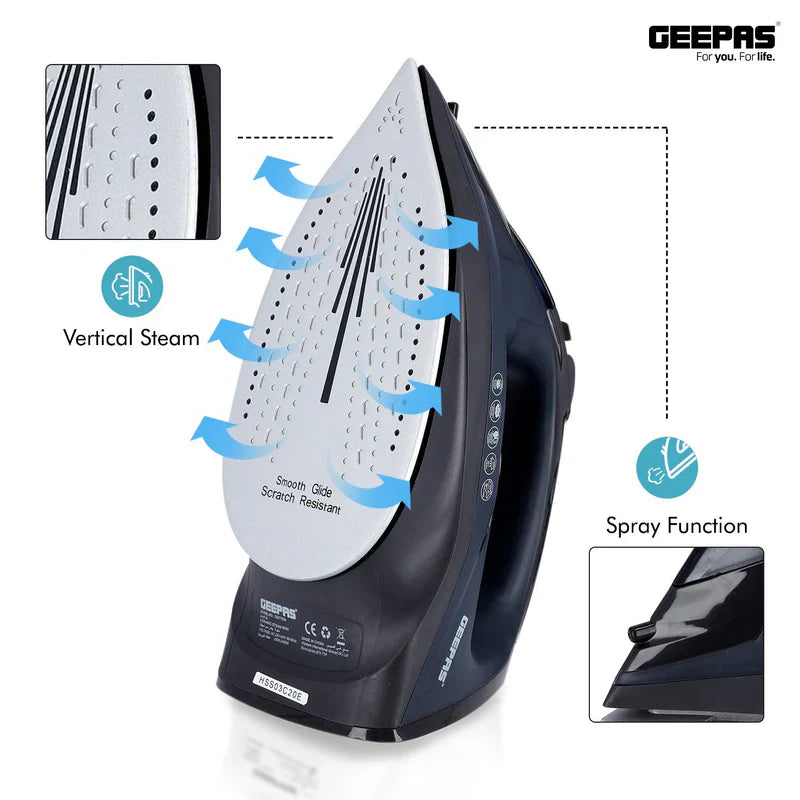 Geepas GSI7703 Ceramic Steam Iron – 2400W, 220ml Tank, 20g/min Steam, Self-Cleaning, 2-Year Warranty