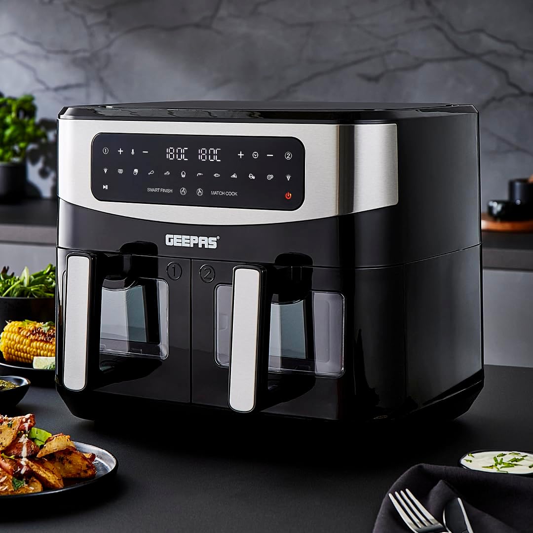 Geepas 9L Dual Basket Digital Air Fryer VORTEX Technology