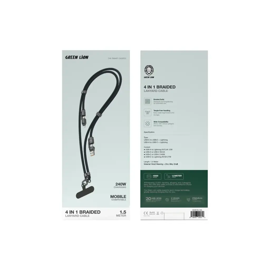 Green Lion 4-in-1 Braided Cable – 240W Fast Charging, 1.5m