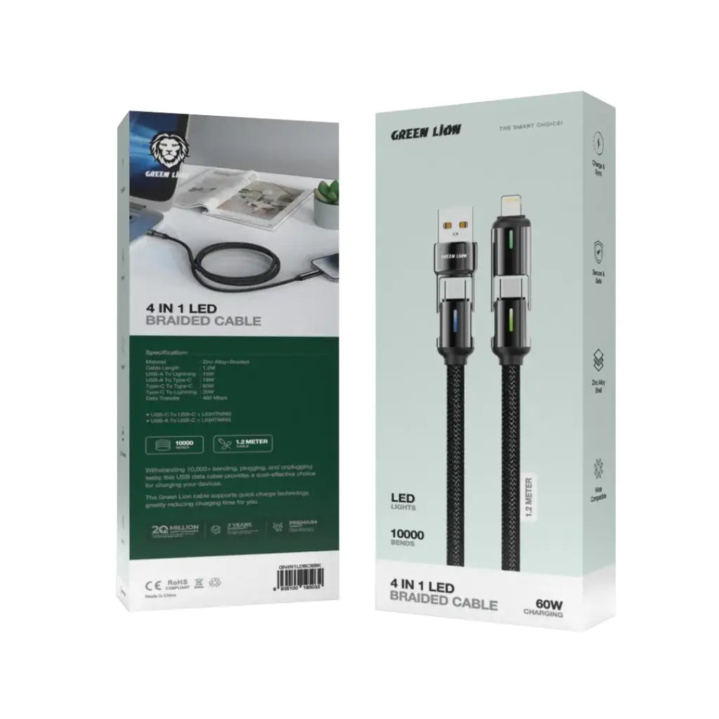 Green Lion 4 in 1 LED Braided Cable 60W 1.2M- Black