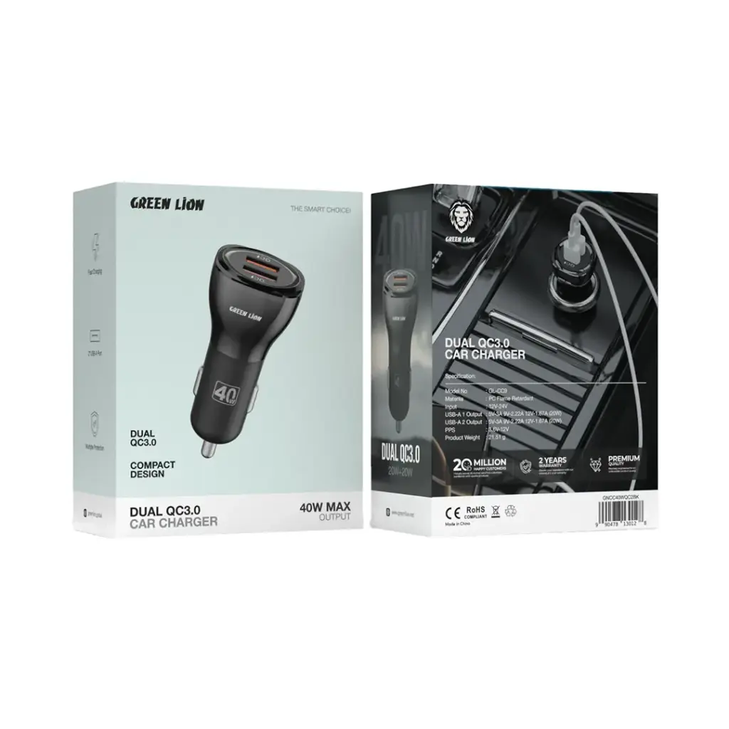 Green Lion 40W Dual USB-A Car Charger | QC 3.0 Fast Charge
