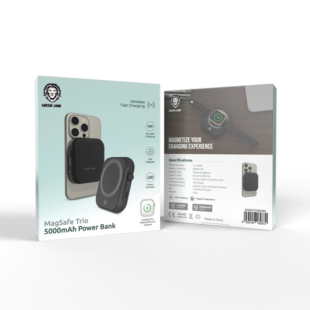 Green Lion MagSafe Trio 5000mAh Power Bank PD 20W – Black