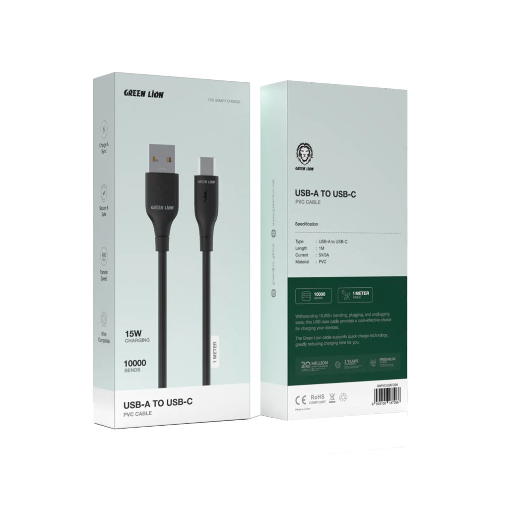Green Lion USB-A To USB-C PVC Cable - Black 1M