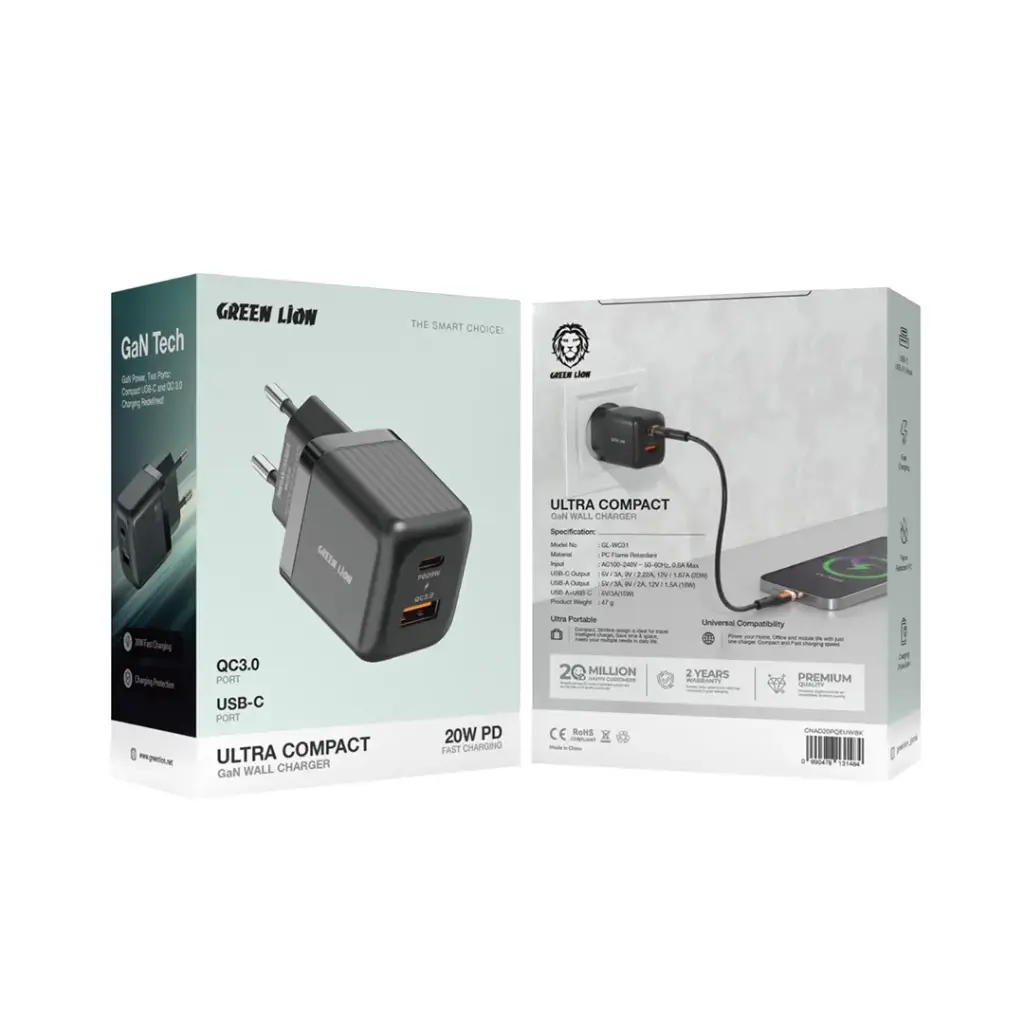 Green Lion GaN 20W A+C Compact fast Charger – With USB-C Cable
