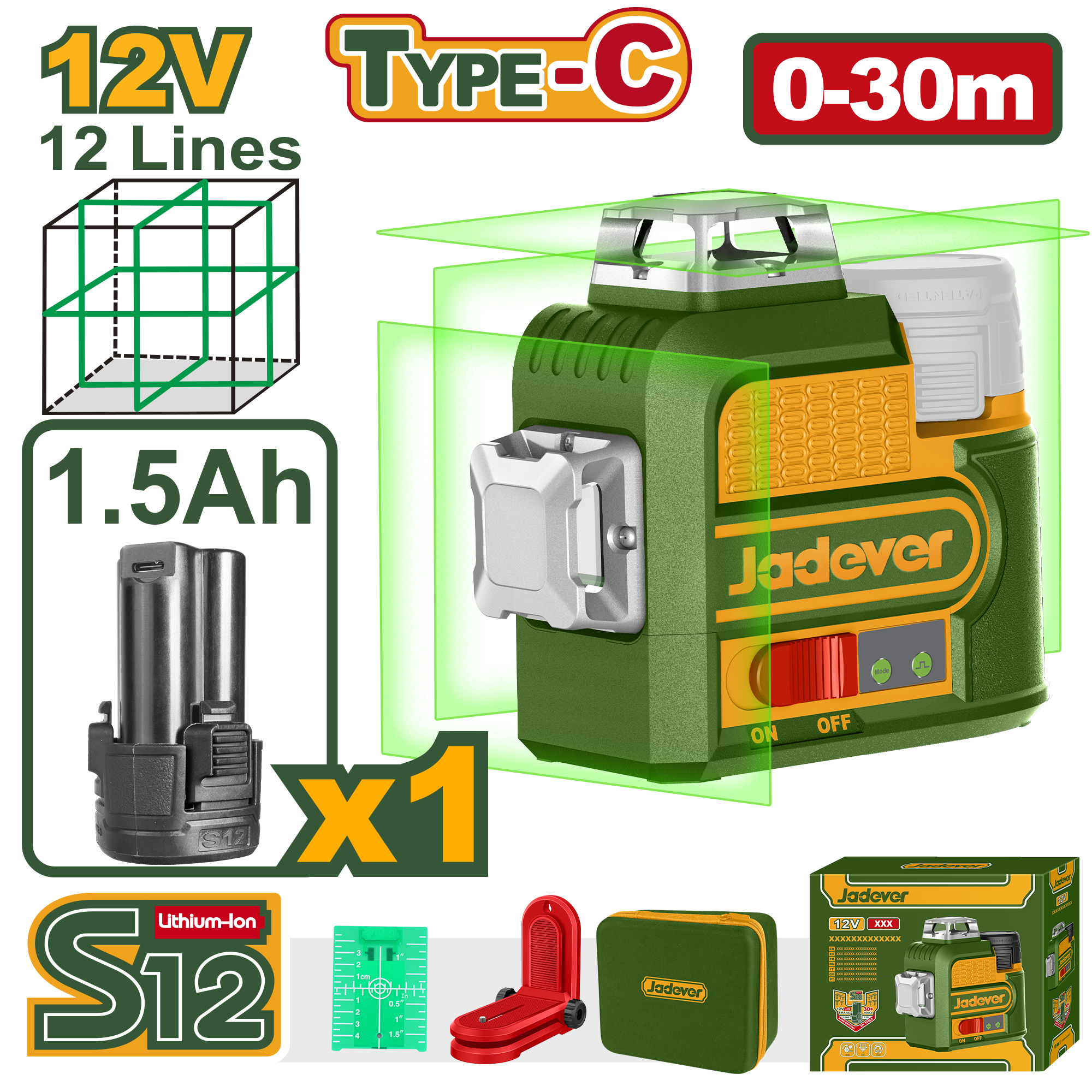 JADEVER Cordless 3D Green Laser Level – 12V, 30m Range, 360° Horizontal & Vertical Lines, USB-C Charging (JDLE8M12)