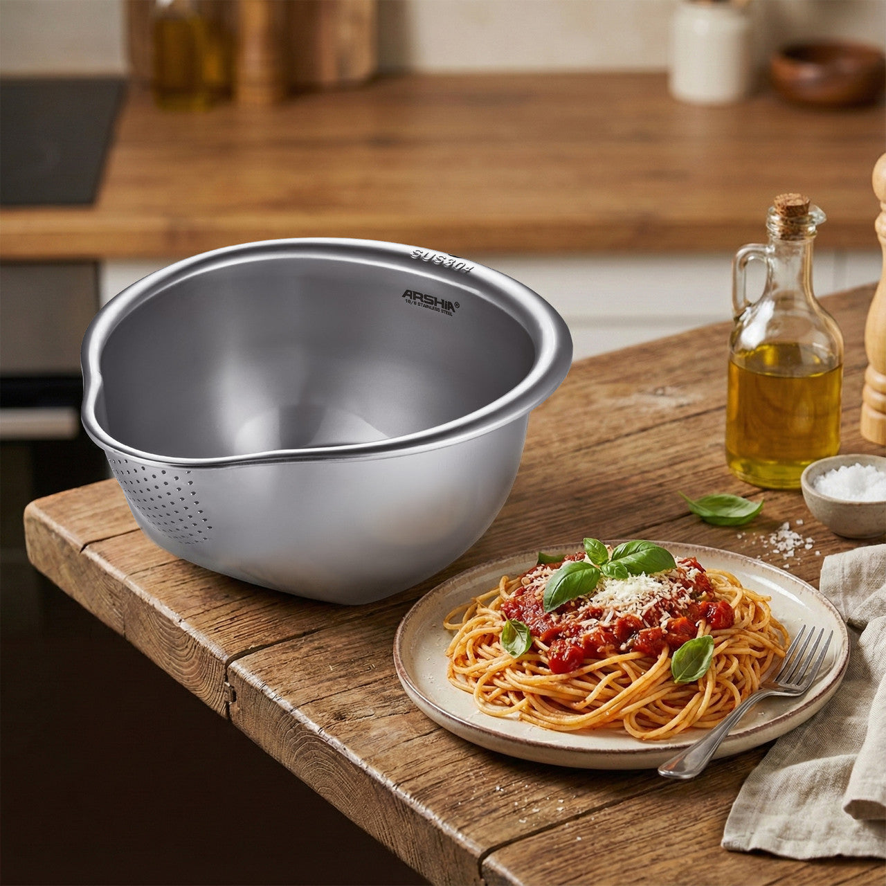 Arshia Stainless Steel Colander Bowl – 18/10 Fine Mesh with Stable V-Shape Base for Easy Draining