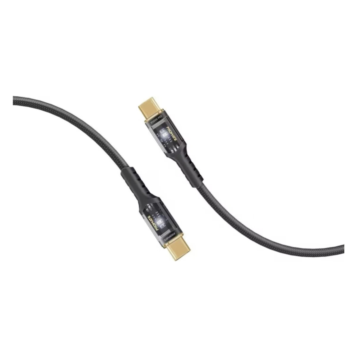 Promate LucidLine-CC200 High Tensile Transparent 100W PD USB-C Cable with LED Light - 2m