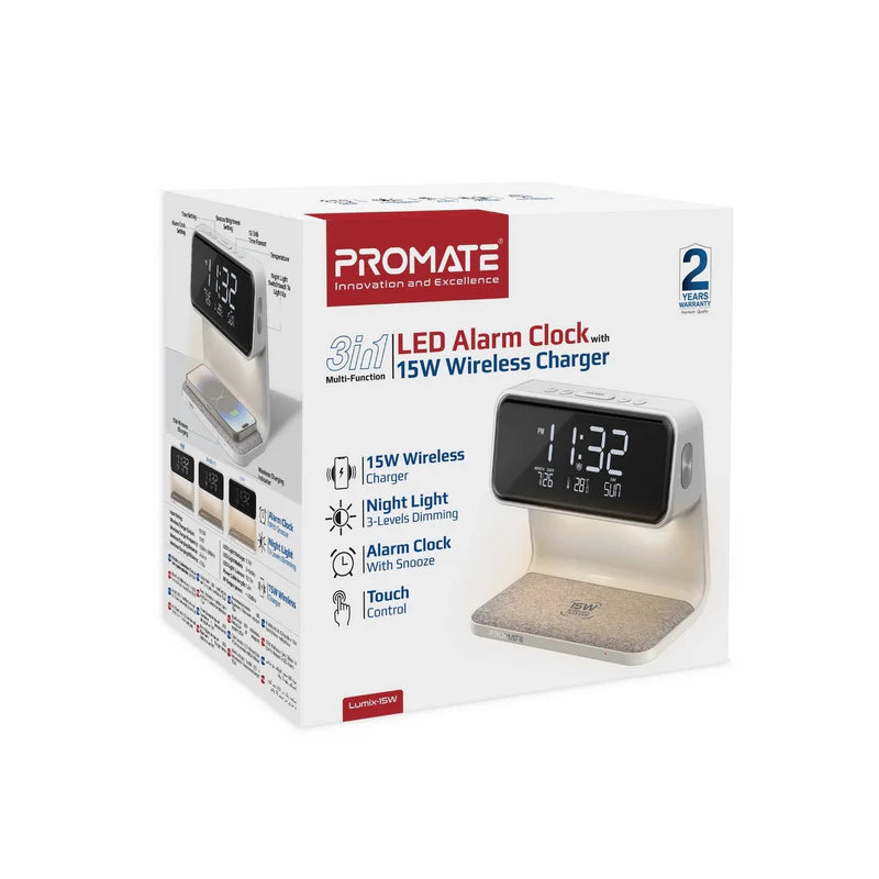 Promate Lumix-15W Multi-Function LED Alarm Clock with 15W Wireless Charger