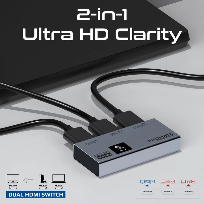 Promate MediaSwitch-2T Ultra-HD 8K@60Hz HDMI® Switch with Smart Touch Control