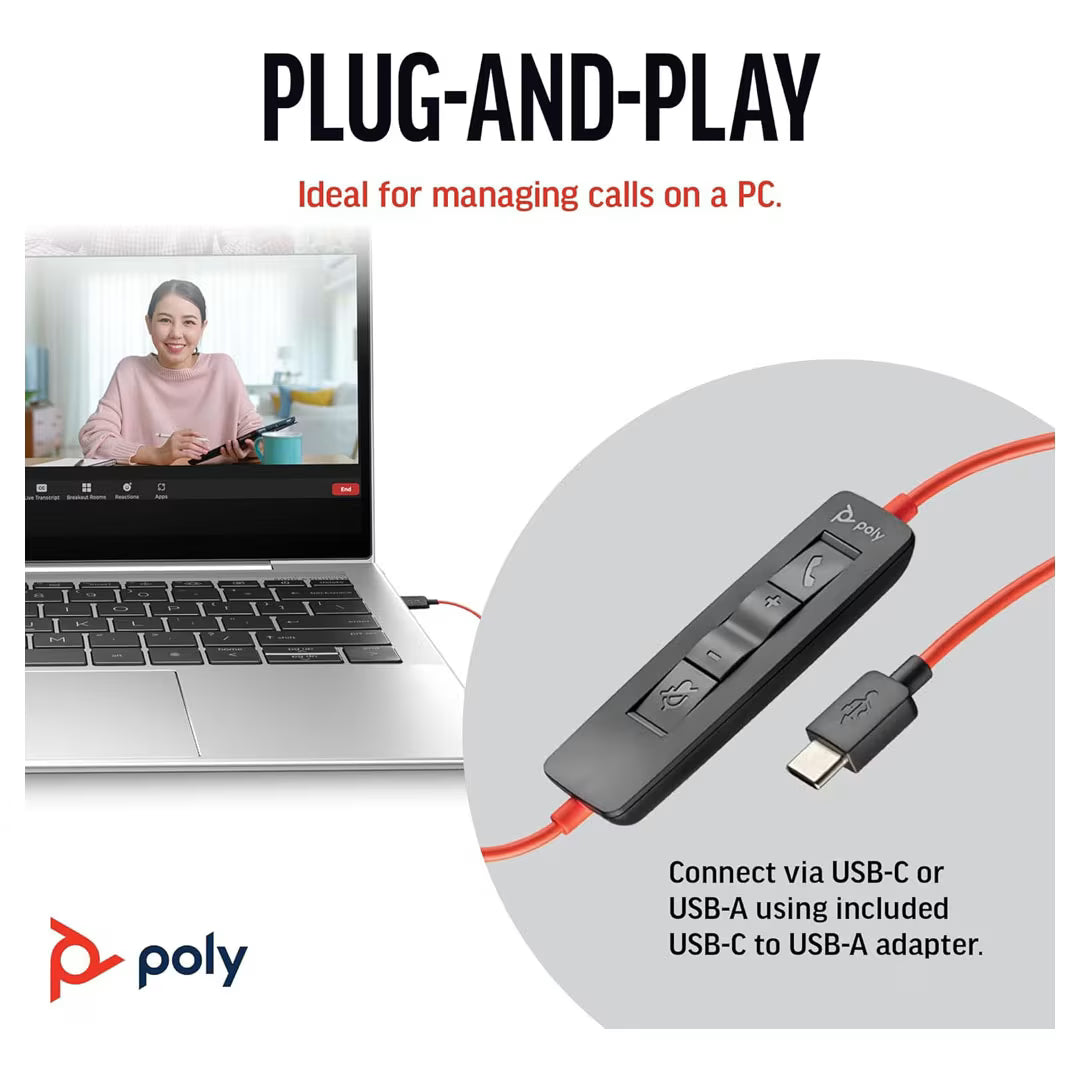 Poly Blackwire 3220 Wired Headset (Plantronics) – Noise-Canceling Stereo USB-C/USB-A | Zoom & Chromebook Certified